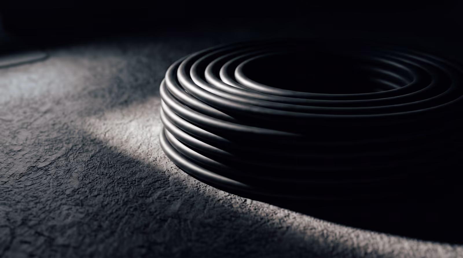 An electrical cord coiled on a bare floor